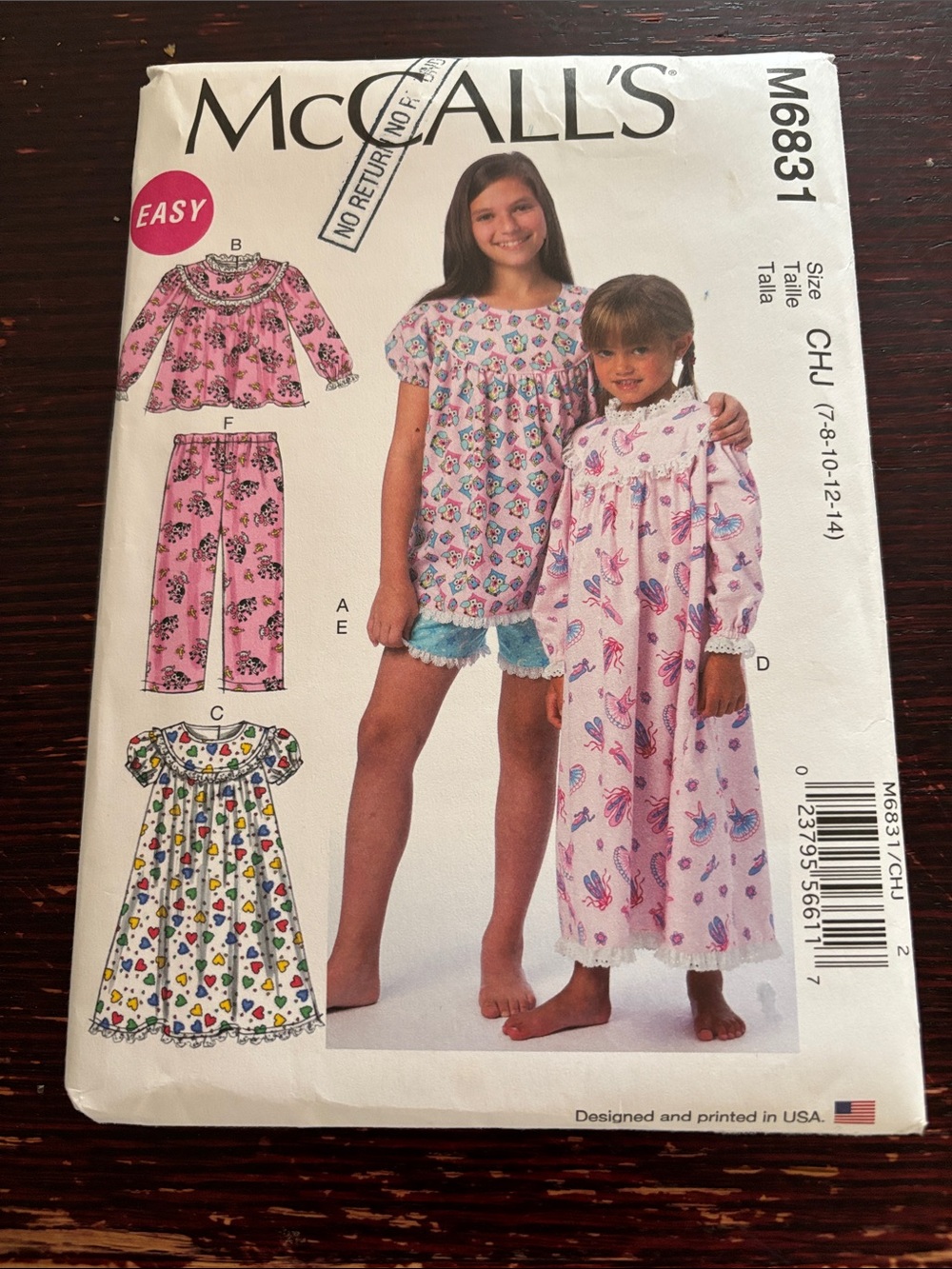 McCalls M6831 Kids Pink Printed Pajama Nightgown or Set size 7-8-20-12-14